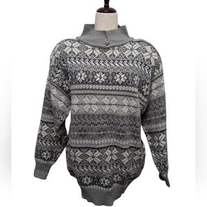 Partners By Mervyns Vintage Fair Isle Shoulder Pad Knit Ski Sweater Gray Silver